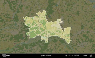 Ostrowski İlçesi. Polonya 'nın idari alanı karanlık bir OpenStreetMap İnsani Haritası' na vurgulandı ve özetlendi