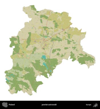 Ostrowski İlçesi. Polonya idari bölgesi bir OpenStreetMap İnsani Haritası haritasında beyaza izole edildi