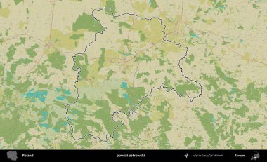 Ostrowski İlçesi. Polonya 'nın idari alanı bir OpenStreetMap İnsani Harita stil haritasında özetlendi
