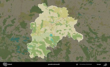 Ostrowski İlçesi. Polonya 'nın idari alanı karanlık bir OpenStreetMap İnsani Haritası' na vurgulandı ve özetlendi