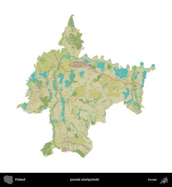 Oswiecimski İlçesi. Polonya idari bölgesi bir OpenStreetMap İnsani Haritası haritasında beyaza izole edildi