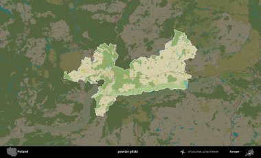 Pilski İlçesi. Polonya 'nın idari alanı karanlık bir OpenStreetMap İnsani Haritası' na vurgulandı ve özetlendi