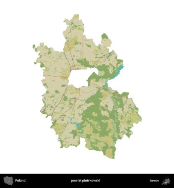 Piotrkowski İlçesi. Polonya idari bölgesi bir OpenStreetMap İnsani Haritası haritasında beyaza izole edildi