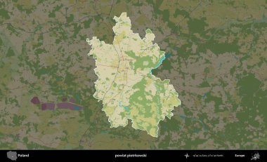 Piotrkowski İlçesi. Polonya 'nın idari alanı karanlık bir OpenStreetMap İnsani Haritası' na vurgulandı ve özetlendi