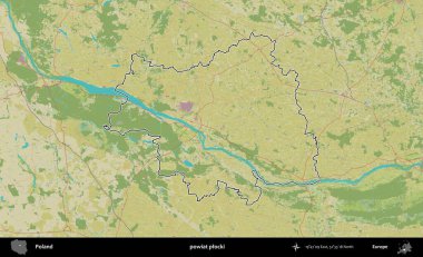 Plocki İlçesi. Polonya 'nın idari alanı bir OpenStreetMap İnsani Harita stil haritasında özetlendi