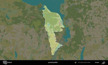 Policki İlçesi. Polonya 'nın idari alanı karanlık bir OpenStreetMap İnsani Haritası' na vurgulandı ve özetlendi