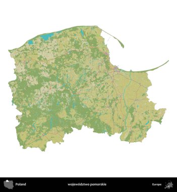 Pomorskie Eyaleti. Polonya idari bölgesi bir OpenStreetMap İnsani Haritası haritasında beyaza izole edildi