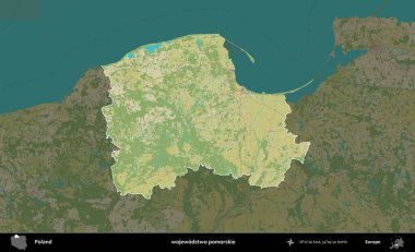 Pomorskie Eyaleti. Polonya 'nın idari alanı karanlık bir OpenStreetMap İnsani Haritası' na vurgulandı ve özetlendi