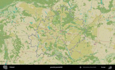 Poznanski İlçesi. Polonya 'nın idari alanı bir OpenStreetMap İnsani Harita stil haritasında özetlendi