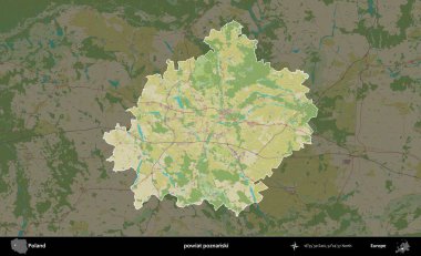 Poznanski İlçesi. Polonya 'nın idari alanı karanlık bir OpenStreetMap İnsani Haritası' na vurgulandı ve özetlendi