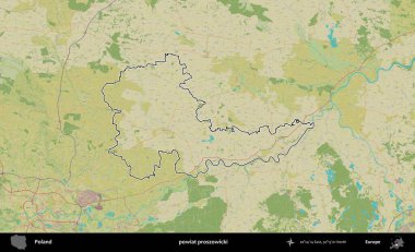 Proszowicki İlçesi. Polonya 'nın idari alanı bir OpenStreetMap İnsani Harita stil haritasında özetlendi