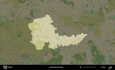 Proszowicki İlçesi. Polonya 'nın idari alanı karanlık bir OpenStreetMap İnsani Haritası' na vurgulandı ve özetlendi