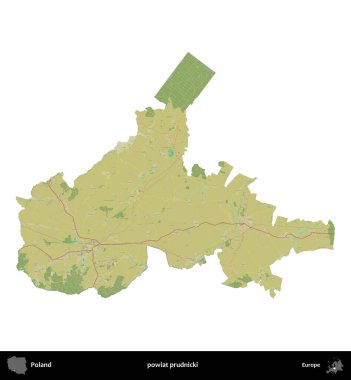 Prudnicki İlçesi. Polonya idari bölgesi bir OpenStreetMap İnsani Haritası haritasında beyaza izole edildi
