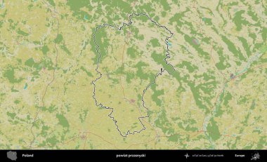 Przasnyski İlçesi. Polonya 'nın idari alanı bir OpenStreetMap İnsani Harita stil haritasında özetlendi