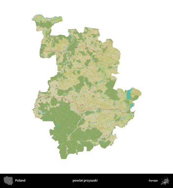 Przysuski ilçesi. Polonya idari bölgesi bir OpenStreetMap İnsani Haritası haritasında beyaza izole edildi