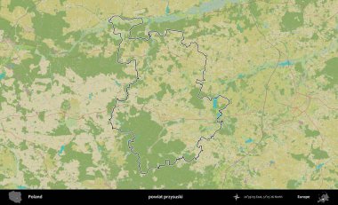 Przysuski ilçesi. Polonya 'nın idari alanı bir OpenStreetMap İnsani Harita stil haritasında özetlendi