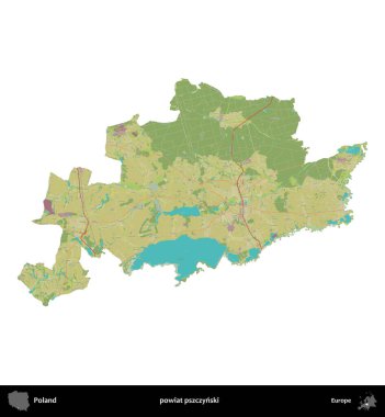 Pszczynski İlçesi. Polonya idari bölgesi bir OpenStreetMap İnsani Haritası haritasında beyaza izole edildi