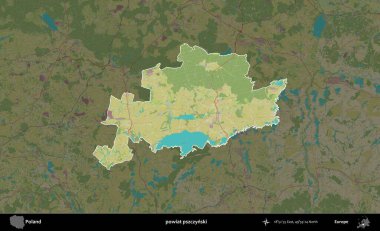 Pszczynski İlçesi. Polonya 'nın idari alanı karanlık bir OpenStreetMap İnsani Haritası' na vurgulandı ve özetlendi