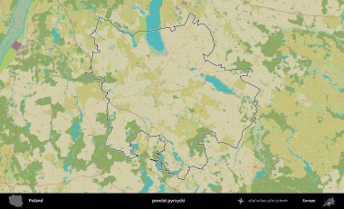 Pyrzycki İlçesi. Polonya 'nın idari alanı bir OpenStreetMap İnsani Harita stil haritasında özetlendi