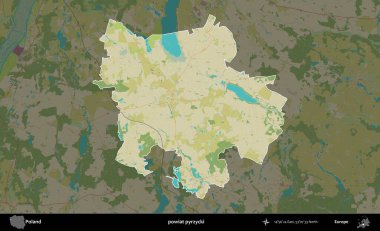 Pyrzycki İlçesi. Polonya 'nın idari alanı karanlık bir OpenStreetMap İnsani Haritası' na vurgulandı ve özetlendi