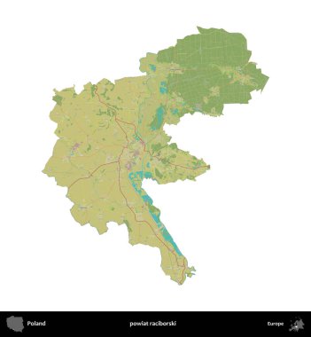 Raciborski İlçesi. Polonya idari bölgesi bir OpenStreetMap İnsani Haritası haritasında beyaza izole edildi