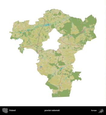 Radomski İlçesi. Polonya idari bölgesi bir OpenStreetMap İnsani Haritası haritasında beyaza izole edildi