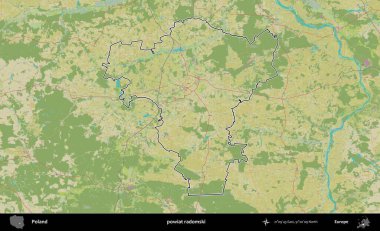Radomski İlçesi. Polonya 'nın idari alanı bir OpenStreetMap İnsani Harita stil haritasında özetlendi