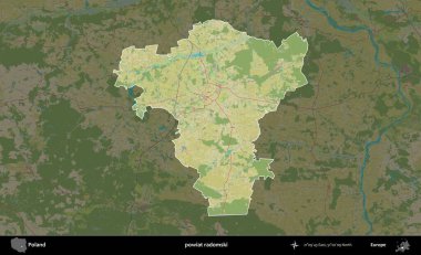 Radomski İlçesi. Polonya 'nın idari alanı karanlık bir OpenStreetMap İnsani Haritası' na vurgulandı ve özetlendi