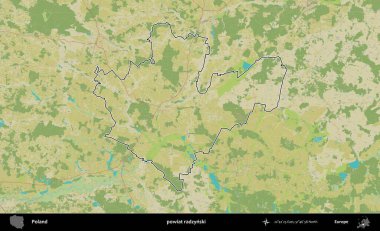 Radzynski İlçesi. Polonya 'nın idari alanı bir OpenStreetMap İnsani Harita stil haritasında özetlendi