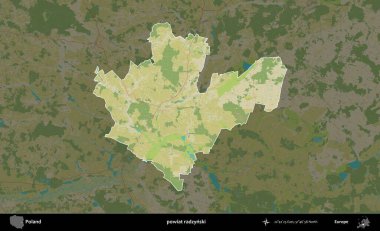 Radzynski İlçesi. Polonya 'nın idari alanı karanlık bir OpenStreetMap İnsani Haritası' na vurgulandı ve özetlendi