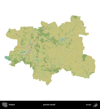 Rawski İlçesi. Polonya idari bölgesi bir OpenStreetMap İnsani Haritası haritasında beyaza izole edildi