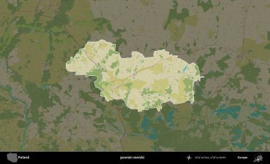 Rawicki İlçesi. Polonya 'nın idari alanı karanlık bir OpenStreetMap İnsani Haritası' na vurgulandı ve özetlendi