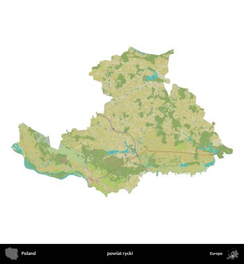 Rycki İlçesi. Polonya idari bölgesi bir OpenStreetMap İnsani Haritası haritasında beyaza izole edildi