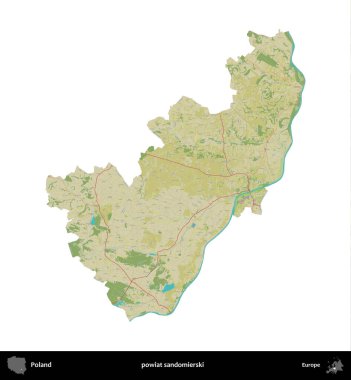 Sandomierski İlçesi. Polonya idari bölgesi bir OpenStreetMap İnsani Haritası haritasında beyaza izole edildi
