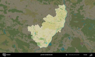 Sandomierski İlçesi. Polonya 'nın idari alanı karanlık bir OpenStreetMap İnsani Haritası' na vurgulandı ve özetlendi