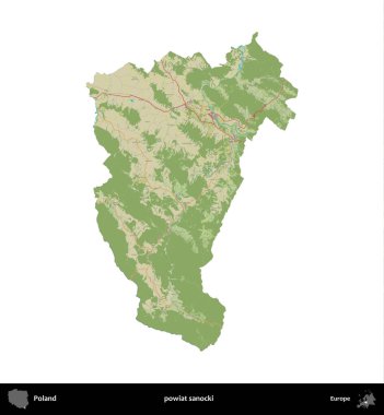 Sanocki İlçesi. Polonya idari bölgesi bir OpenStreetMap İnsani Haritası haritasında beyaza izole edildi