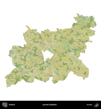 Siedlecki İlçesi. Polonya idari bölgesi bir OpenStreetMap İnsani Haritası haritasında beyaza izole edildi