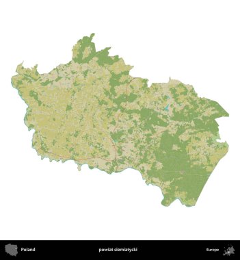 Siemiatycki İlçesi. Polonya idari bölgesi bir OpenStreetMap İnsani Haritası haritasında beyaza izole edildi