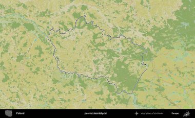 Siemiatycki İlçesi. Polonya 'nın idari alanı bir OpenStreetMap İnsani Harita stil haritasında özetlendi