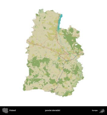 Sieradzki İlçesi. Polonya idari bölgesi bir OpenStreetMap İnsani Haritası haritasında beyaza izole edildi