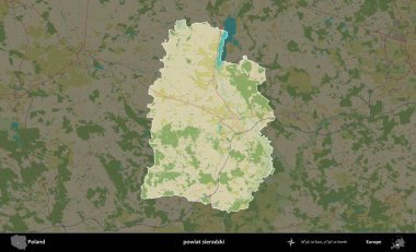 Sieradzki İlçesi. Polonya 'nın idari alanı karanlık bir OpenStreetMap İnsani Haritası' na vurgulandı ve özetlendi