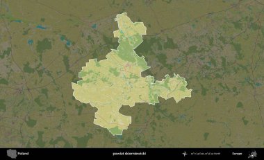Skierniewicki İlçesi. Polonya 'nın idari alanı karanlık bir OpenStreetMap İnsani Haritası' na vurgulandı ve özetlendi