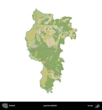 Slubicki İlçesi. Polonya idari bölgesi bir OpenStreetMap İnsani Haritası haritasında beyaza izole edildi
