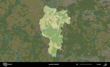 Slubicki İlçesi. Polonya 'nın idari alanı karanlık bir OpenStreetMap İnsani Haritası' na vurgulandı ve özetlendi