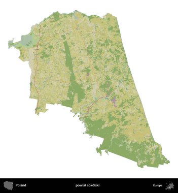 Sokolski İlçesi. Polonya idari bölgesi bir OpenStreetMap İnsani Haritası haritasında beyaza izole edildi