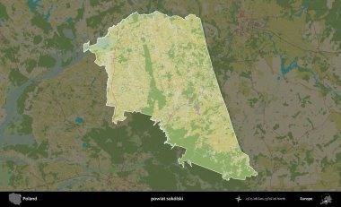 Sokolski İlçesi. Polonya 'nın idari alanı karanlık bir OpenStreetMap İnsani Haritası' na vurgulandı ve özetlendi