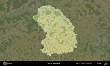 Sokolowski İlçesi. Polonya 'nın idari alanı karanlık bir OpenStreetMap İnsani Haritası' na vurgulandı ve özetlendi
