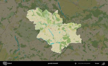 Sremski İlçesi. Polonya 'nın idari alanı karanlık bir OpenStreetMap İnsani Haritası' na vurgulandı ve özetlendi