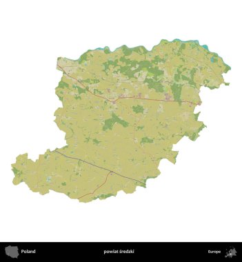 Sredzki İlçesi. Polonya idari bölgesi bir OpenStreetMap İnsani Haritası haritasında beyaza izole edildi