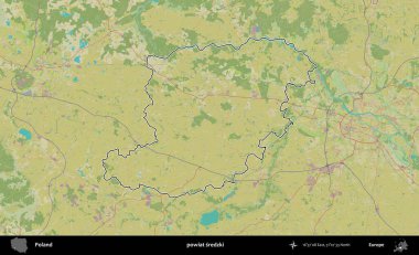 Sredzki İlçesi. Polonya 'nın idari alanı bir OpenStreetMap İnsani Harita stil haritasında özetlendi